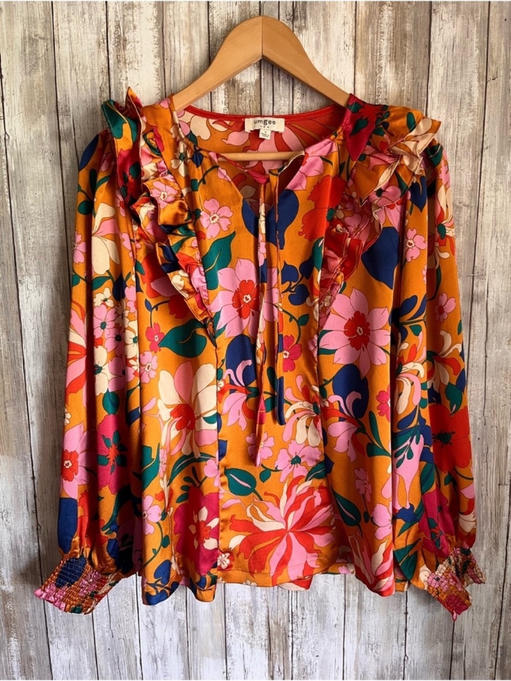 Umgee Floral Ruffle Tie Neck Blouse Smocked Cuff Boho Top Small Boutique